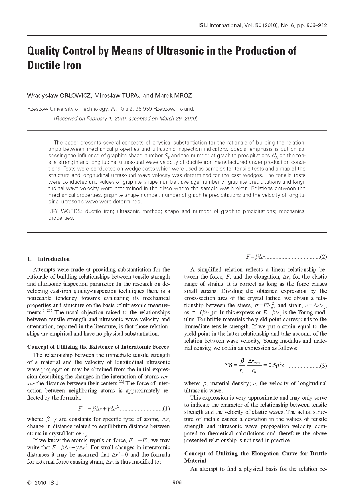 Quality Control by Means of Ultrasonic in the Production of Ductile Iron